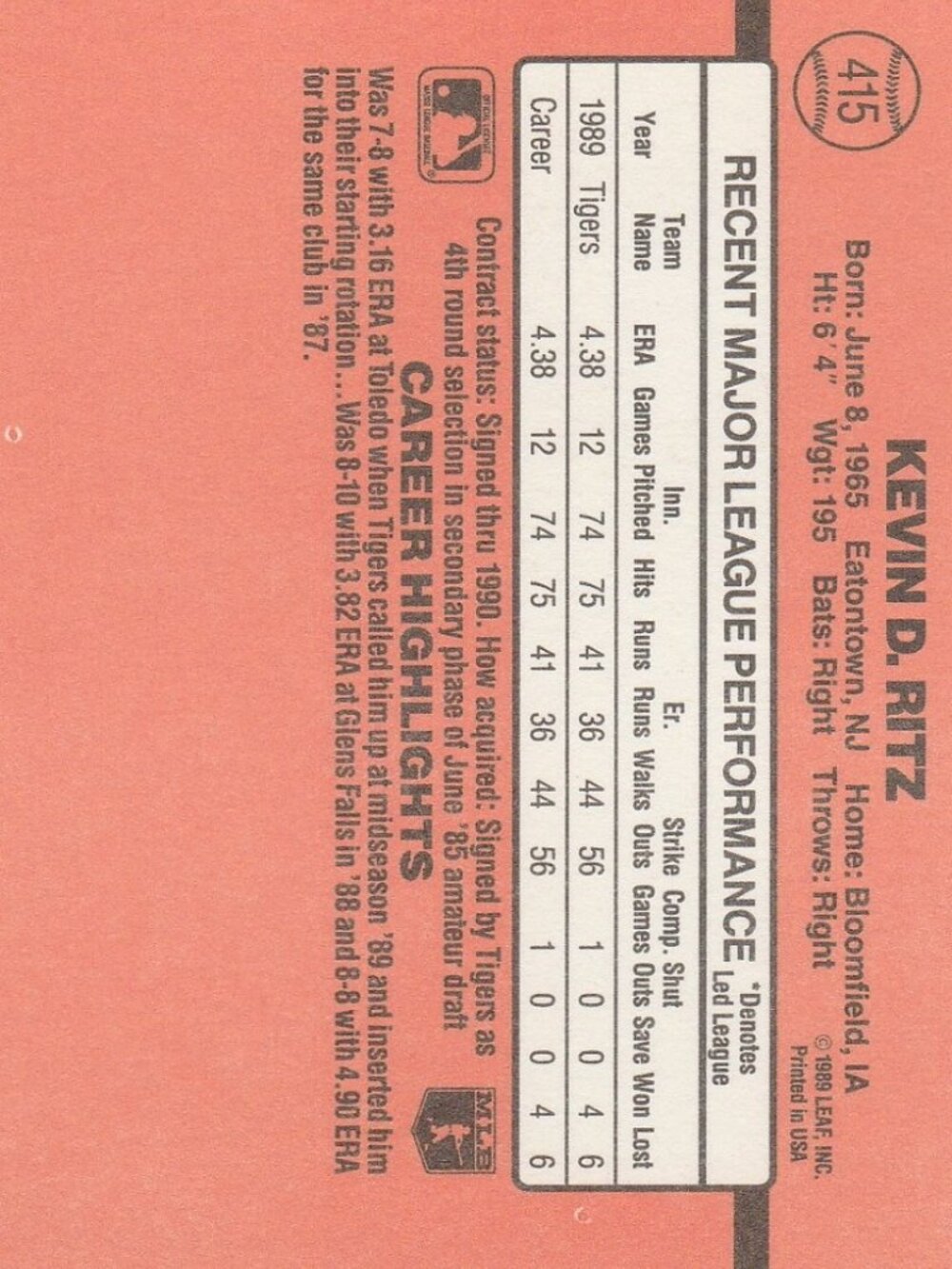 Kevin Ritz - Donruss 90 Baseball Card - Picture 2 of 2
